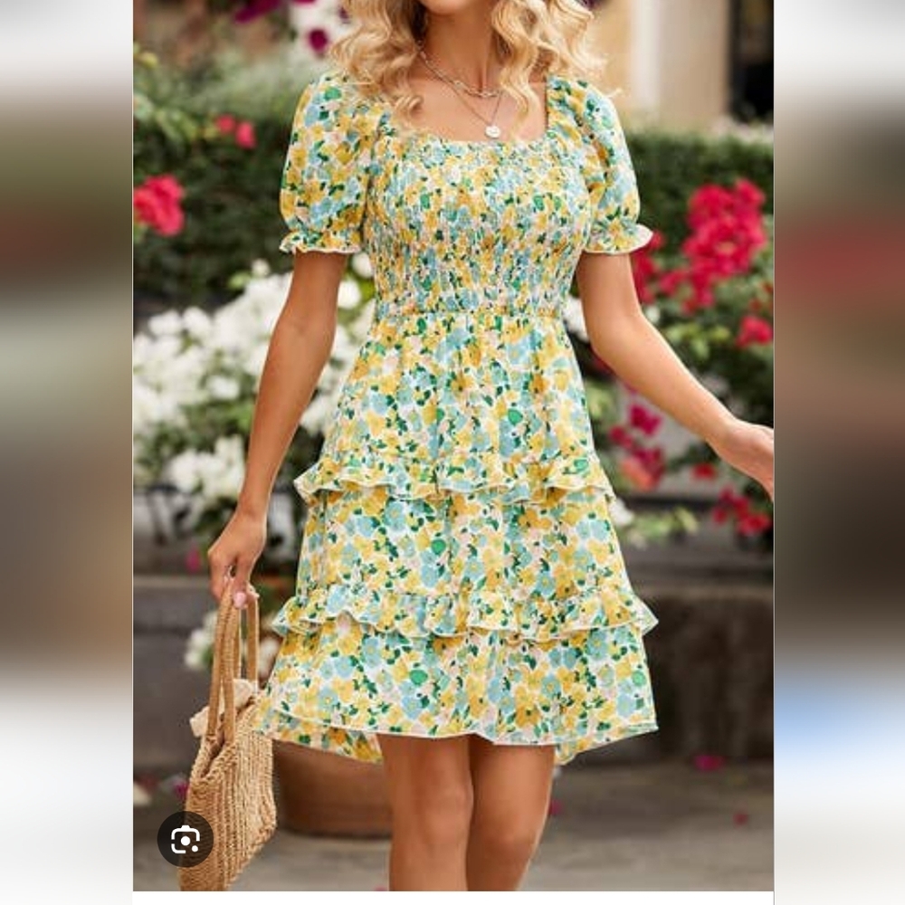 Yellow Green Floral Smocked Puff Sleeve Dress Size XXL